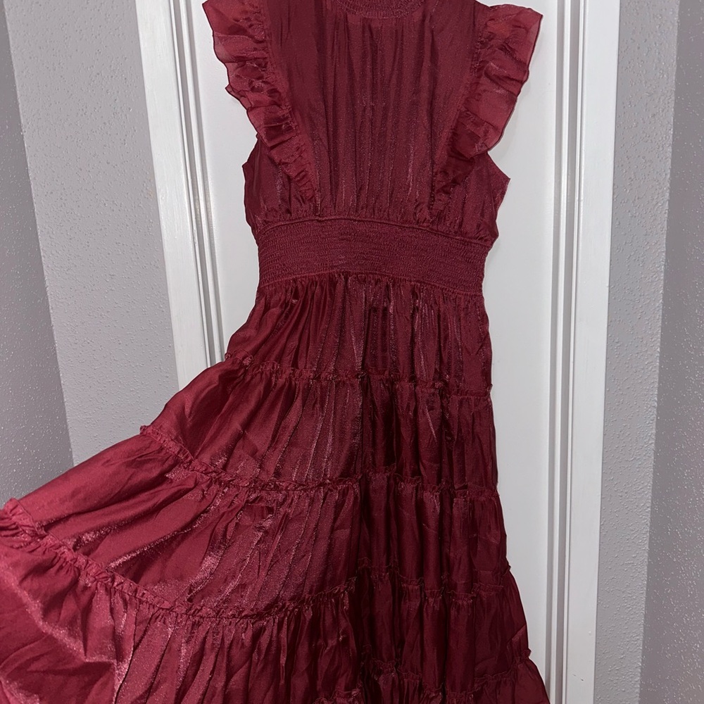 Chic Soul Burgundy Ruffle Midi Dress